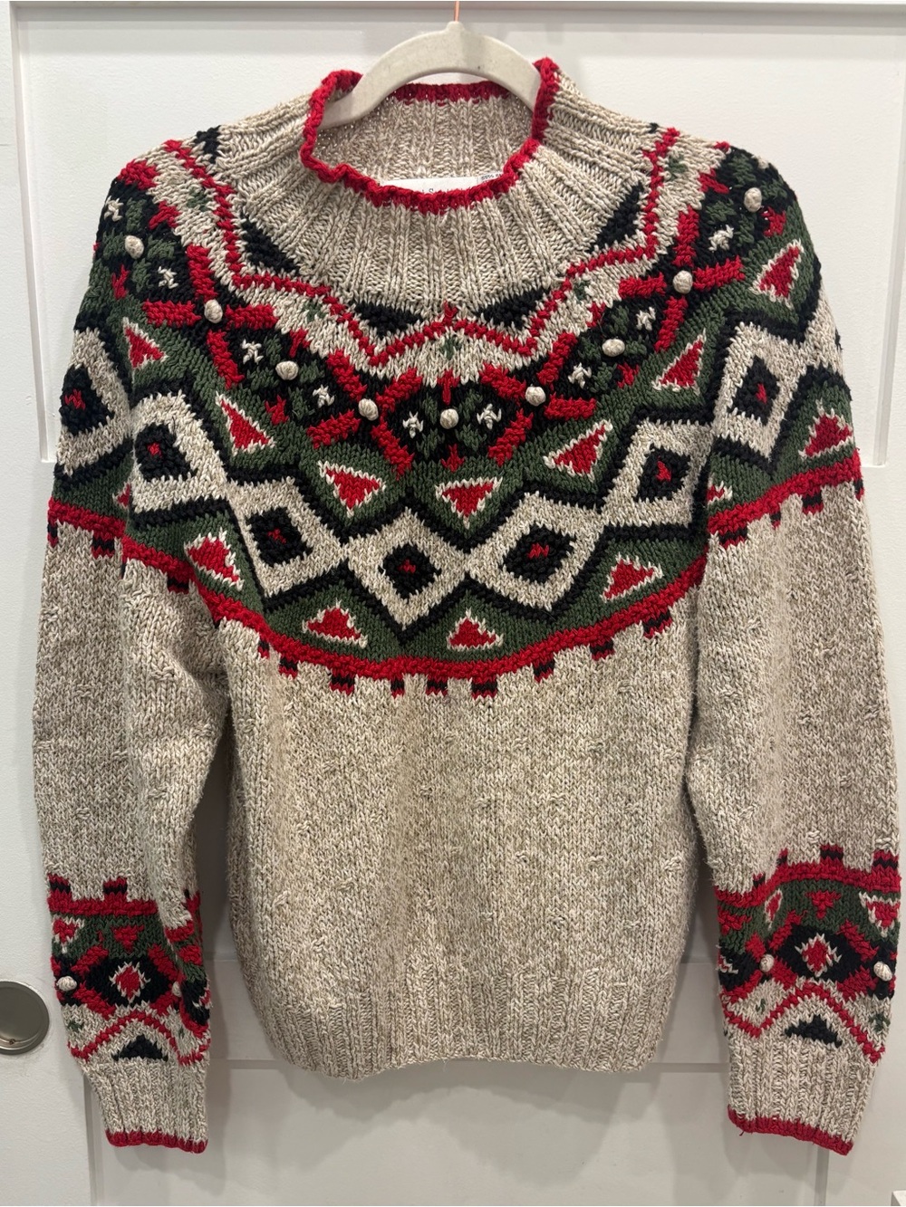 Robert Scott Hand Knit Fair Isle Crewneck Sweater in Beige with Red & Green